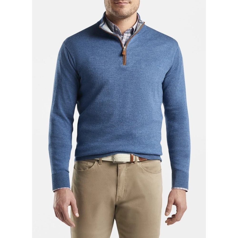 Peter Millar Crown Soft Suede Trim Sweater 1/4 Zip Blue Merino Wool Silk Mens Md